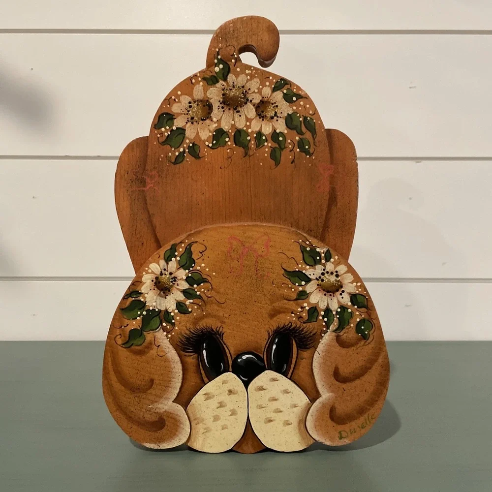 Vintage Hand Painted Wood Puppy Dog‎ Door Stop Floral Rustic Cottagecore